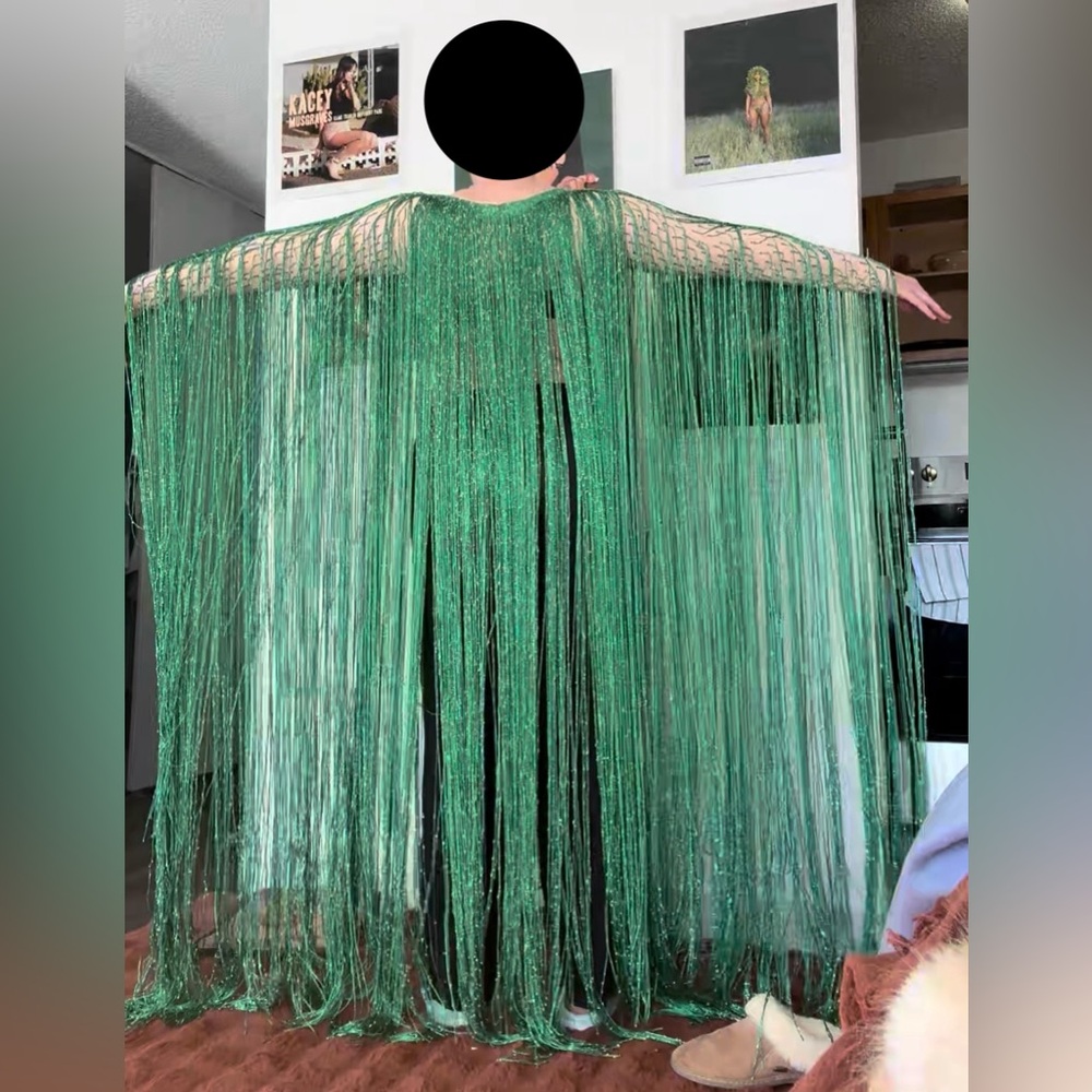 CHARISMATICO Green & Silver Long Tassel Fringe Drag Queen Arm Sleeve Bolero